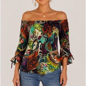 Lady's World Off Shoulder Blouse Stretch Multicolor Paisley Women L Boho Y2K